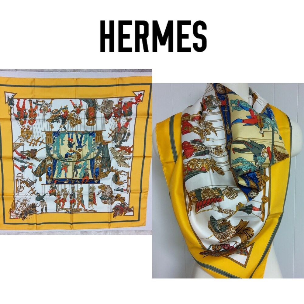 HERMES Carre 90 Le Temps Des Marionnettes rare yellow Time Scarf Large Size